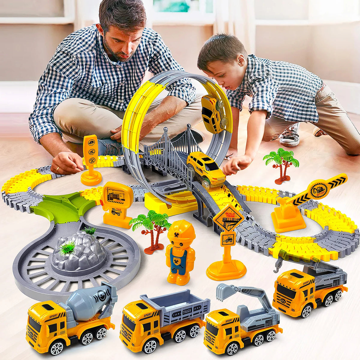 Electric Track Car Toy Set for Kids with Engineering Vehicles