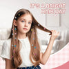 A young girl with long brown hair is shown with various colorful gems and beads scattered throughout her hair.