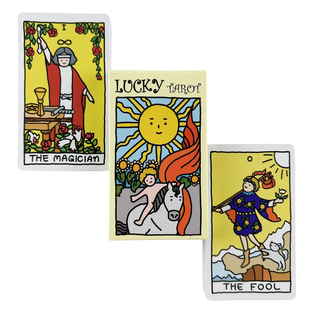Three tarot cards featuring The Magician, Lucky Tarot sun, and The Fool.