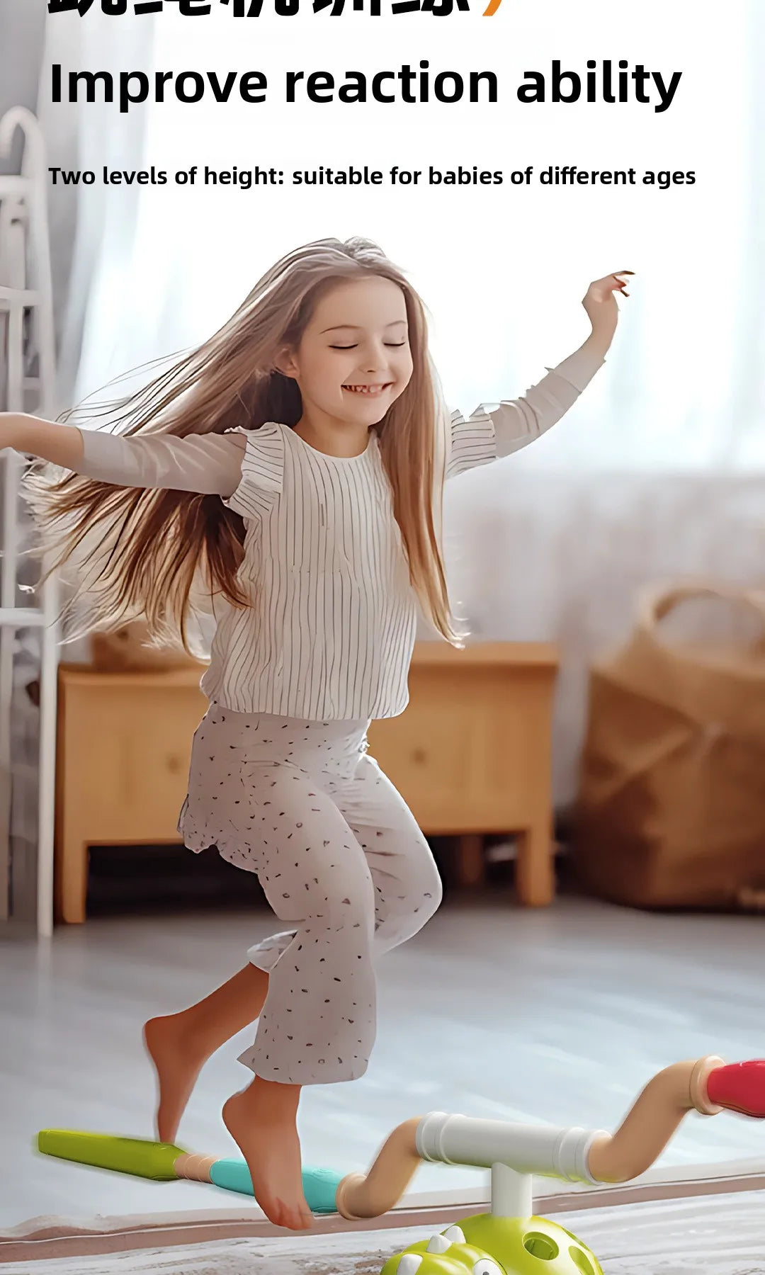 A young girl is using a green and white sport training set to improve reaction ability while standing on a wooden floor.