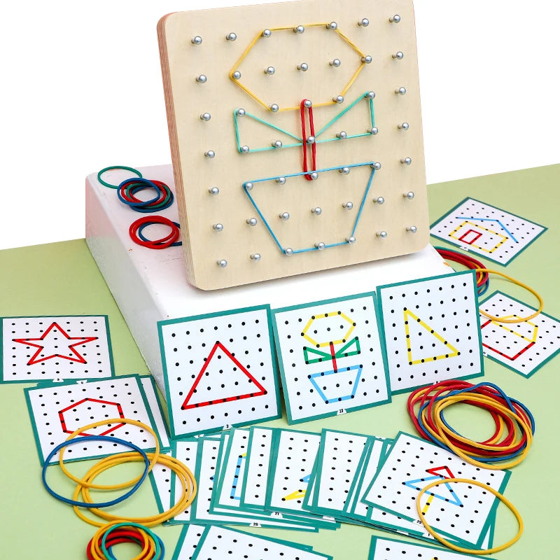 A wooden geometric shape peg board with pattern cards and colored string shapes on a green surface.