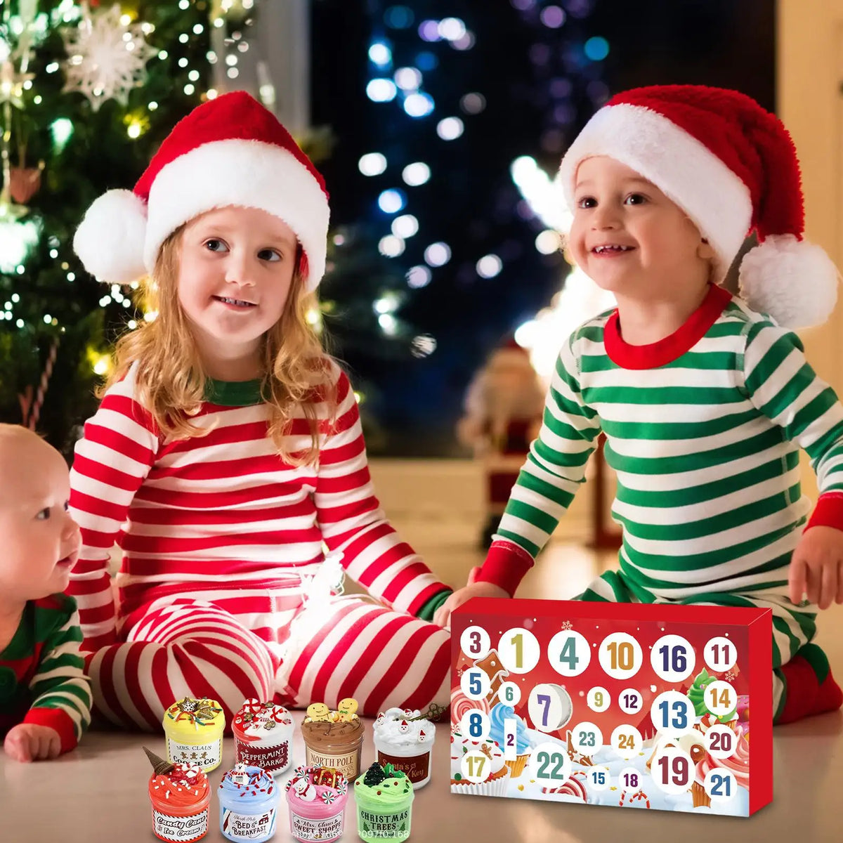A festive advent calendar featuring 24 days of Christmas slime for kids, surrounded by children and a decorated Christmas tre