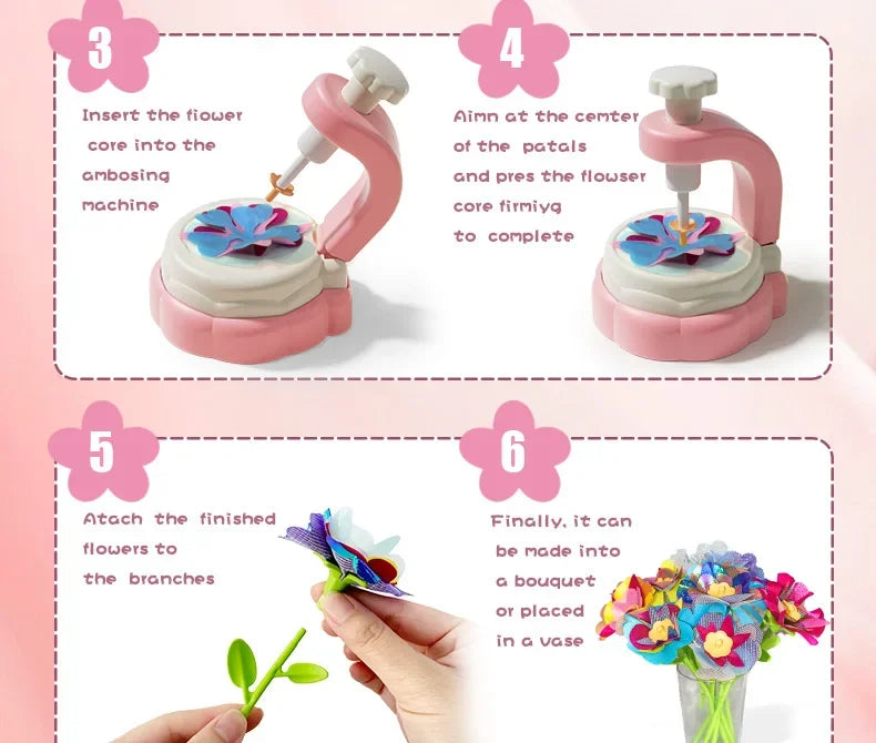 Step-by-step instructions showing how to assemble fabric flowers into a bouquet for a DIY craft kit.