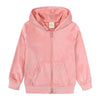 A pink velvet kids tracksuit set featuring a hooded zipper jacket and matching pants.