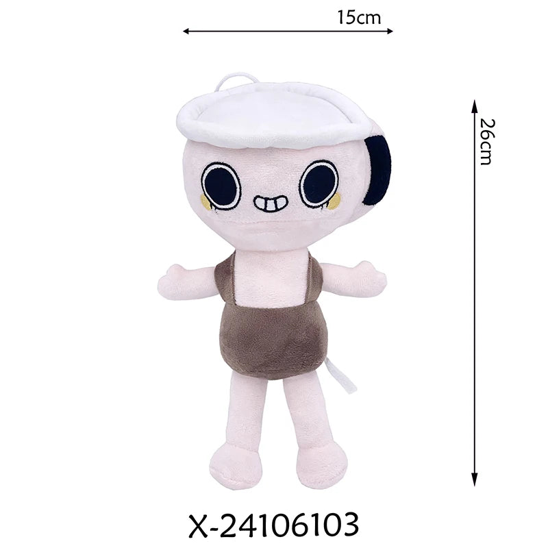 A plush toy resembling a stylized, round creature with white fur and black accents, shown from the front.