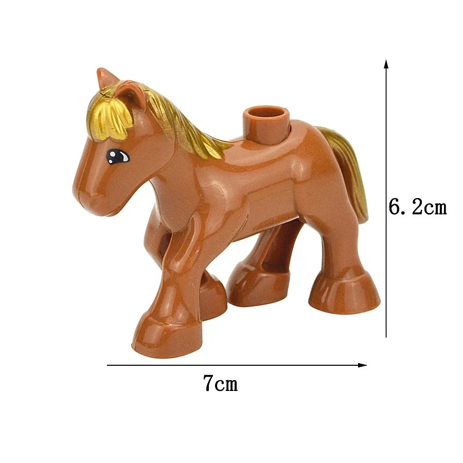 A small, brown plastic horse building block with a golden mane and tail.
