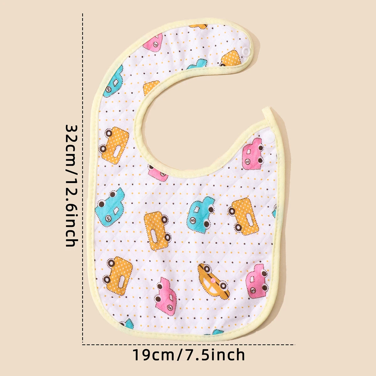 A pack of soft cotton baby bibs featuring various colored toy cars and animals for infants.