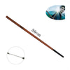 A long, slender wooden magic wand with a metal tip and a decorative design.
