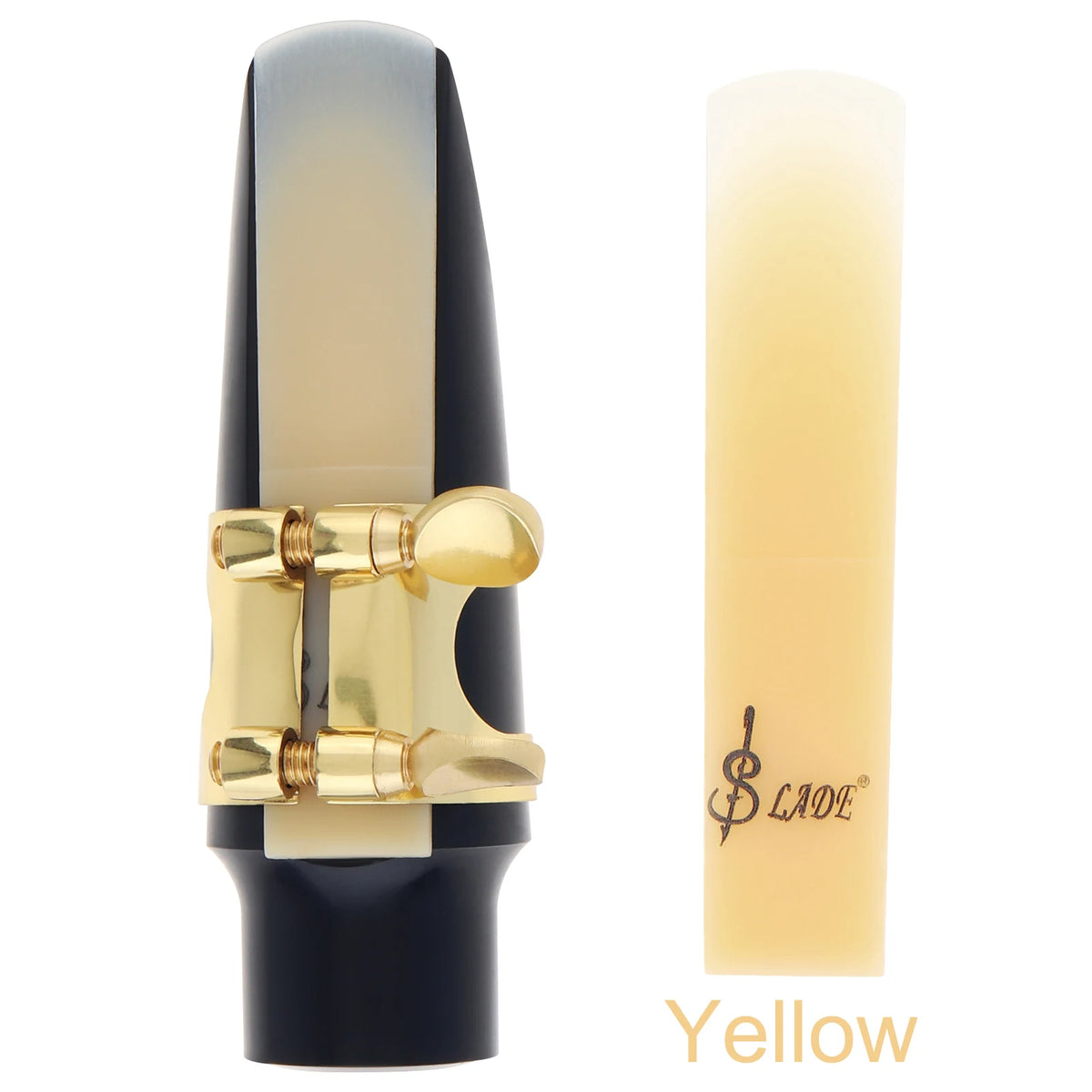 Yellow SLADE resin alto saxophone reed shown in a vertical view.