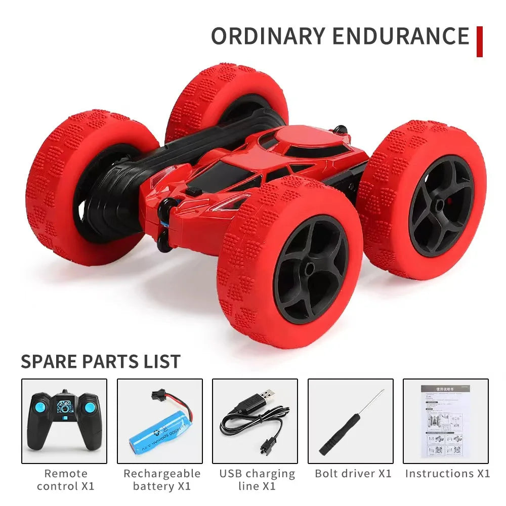 A red 4WD stunt car with large tires and various spare parts listed below it.