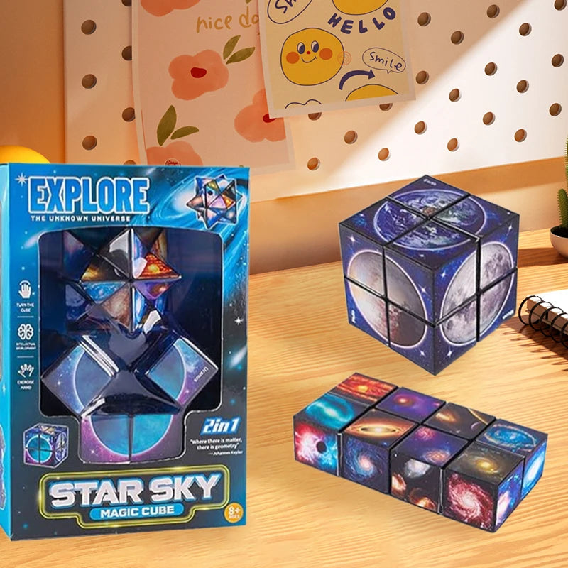 A box of Star Sky Magic Cube puzzle toy showing a 3D cube design and various assembled cubes on a wooden surface.