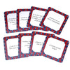 A set of red and blue puzzle cards with question marks on them for a family game