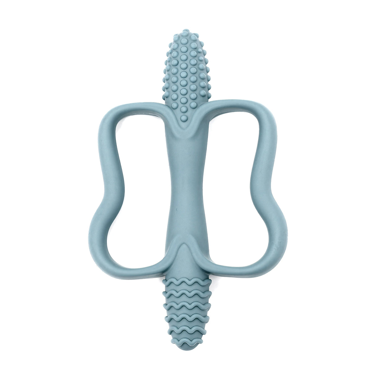 A light blue silicone teething stick with a textured, ridged end and a curved handle.