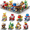 A collection of mini city shop building blocks featuring various colorful buildings and accessories.