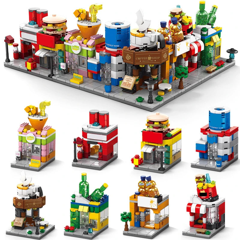 A collection of mini city shop building blocks featuring various colorful buildings and accessories.