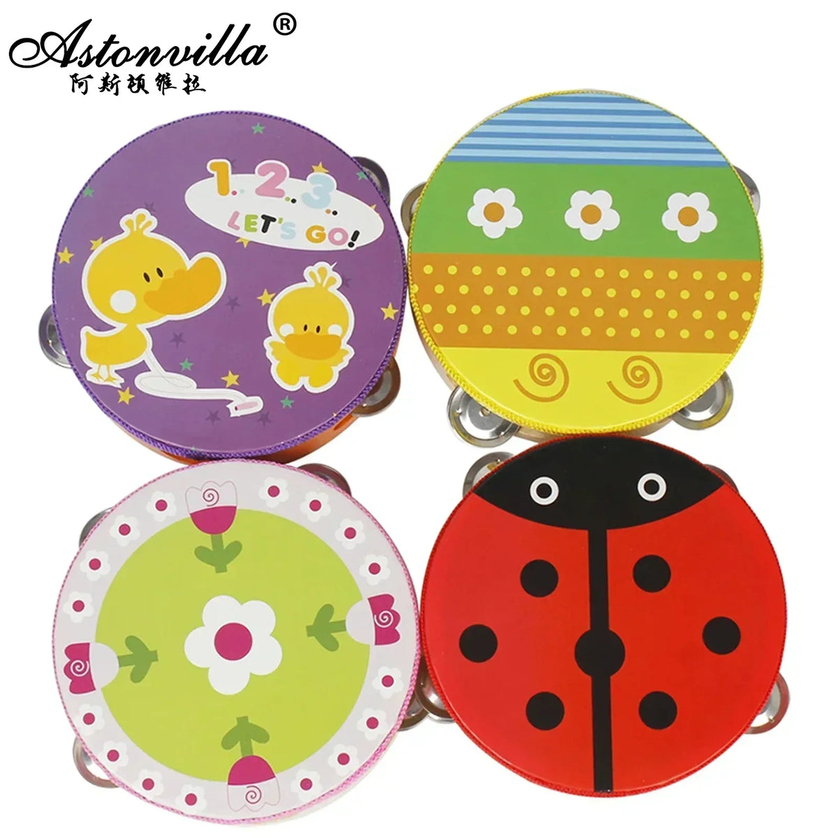 Wooden Handheld Tambourine for Kids with Colorful Cartoon Design