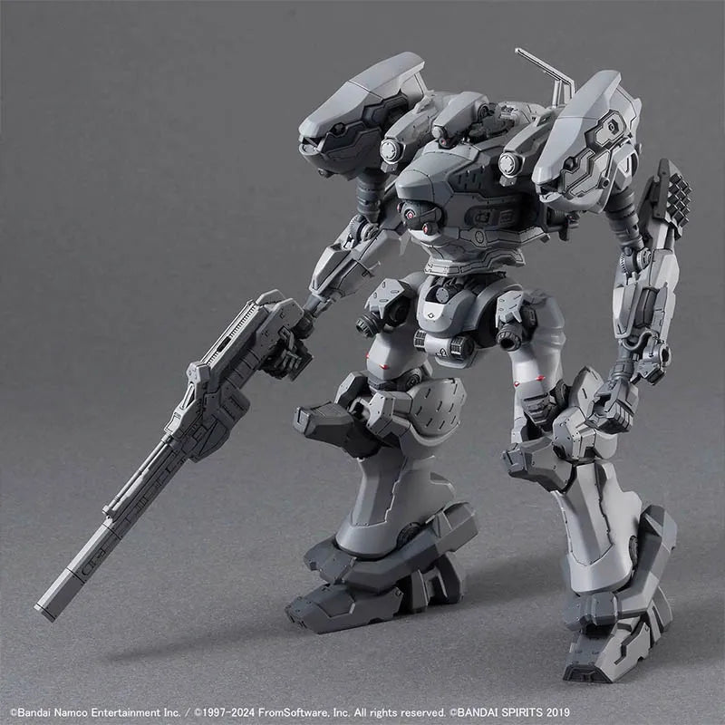 A detailed plastic model kit of the Bandai 30MM Armored Core VI VP-40S Steel Haze Nightfall mecha in a gray color.