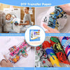 A collection of colorful DTF transfer paper sheets showing various designs and fabric printing applications.