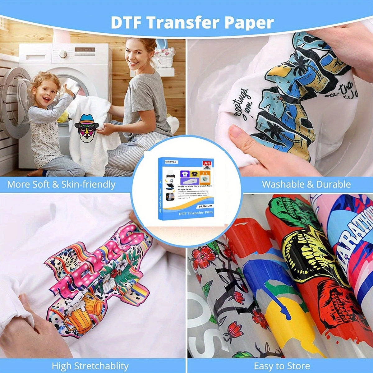 A collection of colorful DTF transfer paper sheets showing various designs and fabric printing applications.