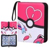 A pink PU leather card binder with a zipper, featuring a heart design and decorative elements.