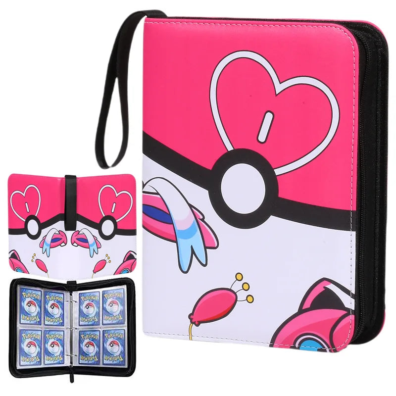 A pink PU leather card binder with a zipper, featuring a heart design and decorative elements.