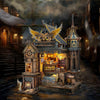 A detailed wooden miniature kit of an illuminated owl post office with furniture and puzzle elements.