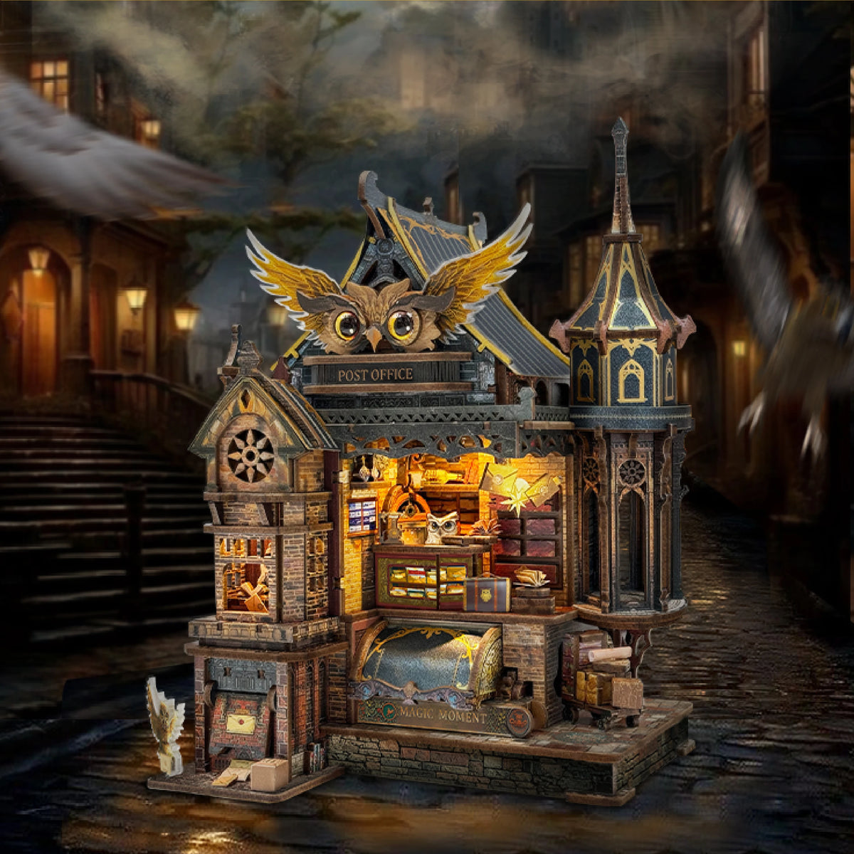 A detailed wooden miniature kit of an illuminated owl post office with furniture and puzzle elements.