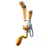 An orange rabbit bath toy with an adjustable water sprinkler and a carrot accessory.