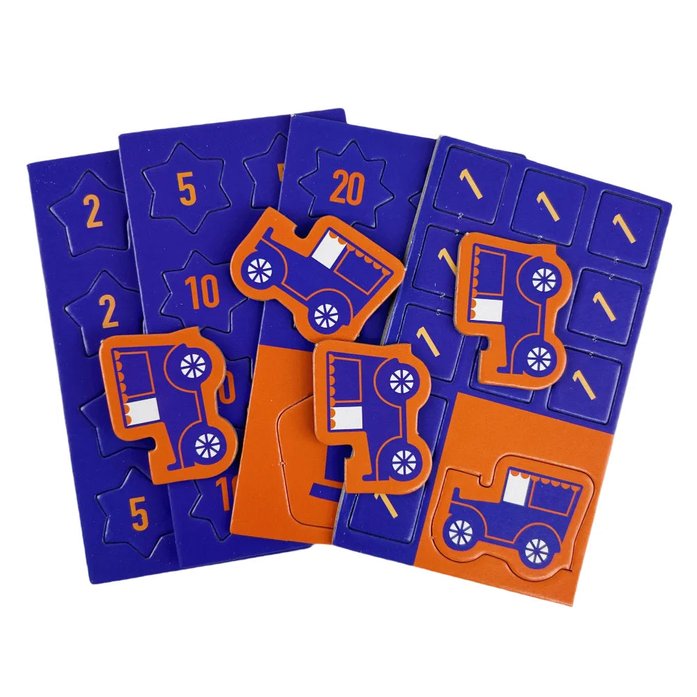 A set of blue and orange cards for a game featuring numbered cards and vehicle icons.