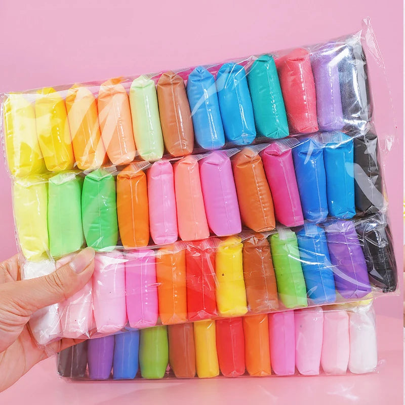 A collection of 36-color air dry modeling clay in various shades is displayed in a clear plastic bag.
