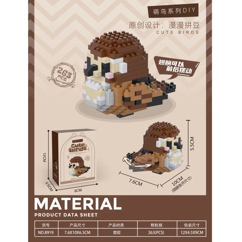 A set of DIY cute birds building blocks featuring an owl and a bird in brown, white, and black colors.