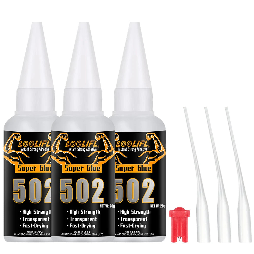 Three bottles of LooLIF Instant Strong Adhesive Super Glue in black packaging with yellow and orange accents