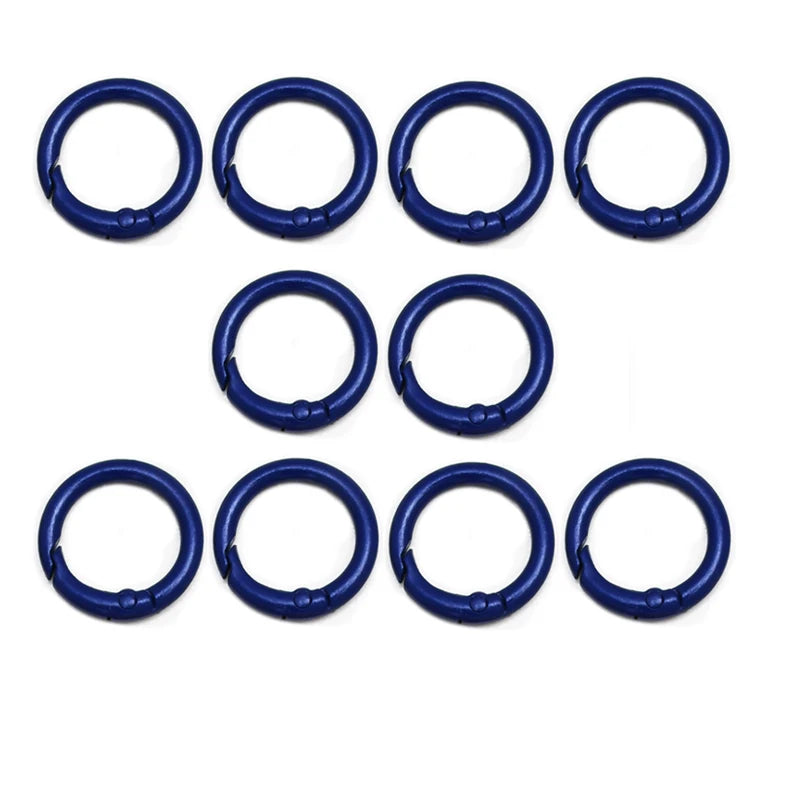 A set of eight blue alloy snap hook keychain clips arranged in a grid.