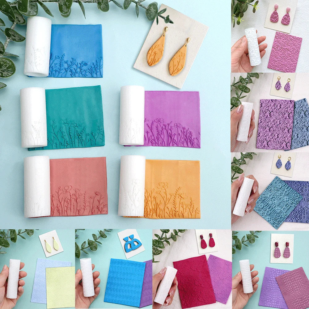 A collection of floral and leaf texture clay rollers in various colors, including pink, purple, orange, and teal, displayed o