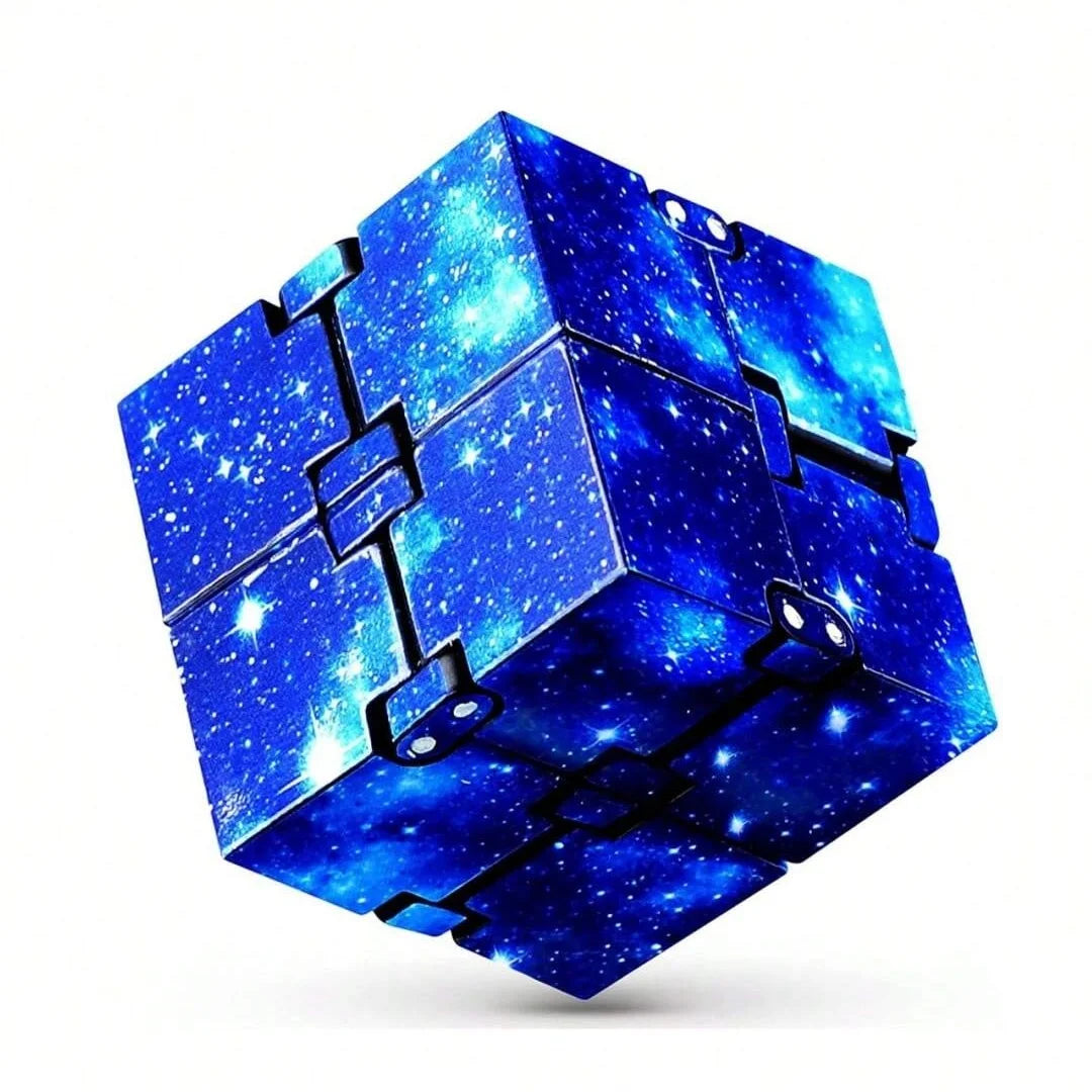 A blue cube puzzle with a starry sky design used as a stress relief toy