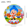 A colorful illustration of a blue-haired clown character standing on a circus ring with other cartoon animals and balloons.