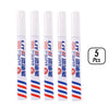 Five white permanent paint markers with red and blue stripes are displayed in a row.