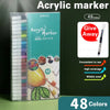 A set of 48 acrylic markers in a box, showing various colors and usage suggestions.