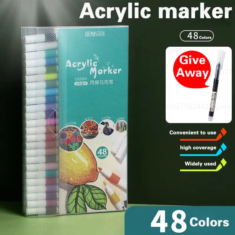 A set of 48 acrylic markers in a box, showing various colors and usage suggestions.