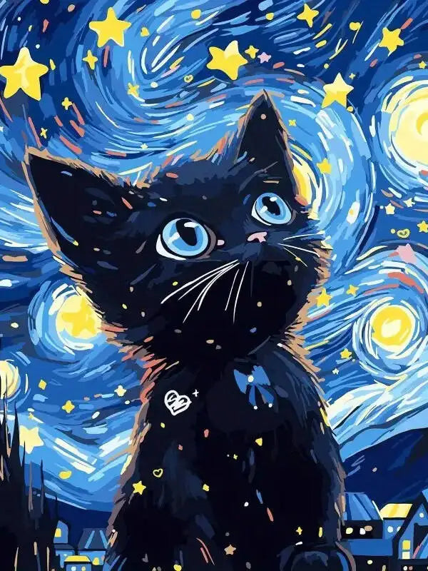 A black kitten with bright blue eyes stares up at a starry night sky.