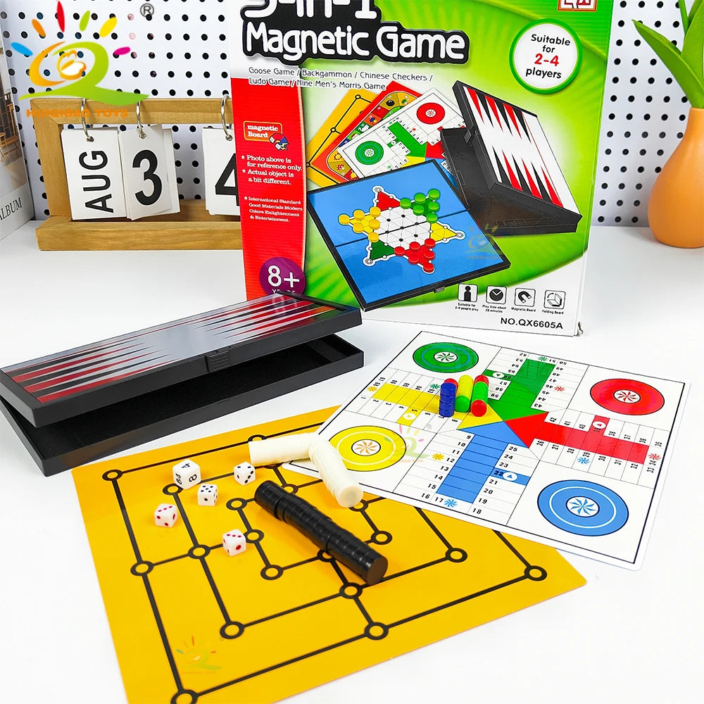A set of magnetic tabletop games including a game board, magnetic pieces, and a game box.