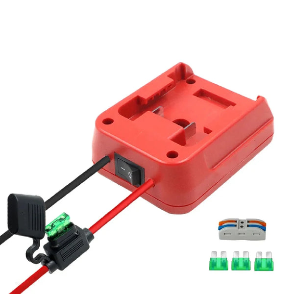Red battery adapter with switch and fuse for power tool batteries and associated wires