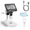 A portable digital microscope with a screen, mounting base, and accessories shown in various views.
