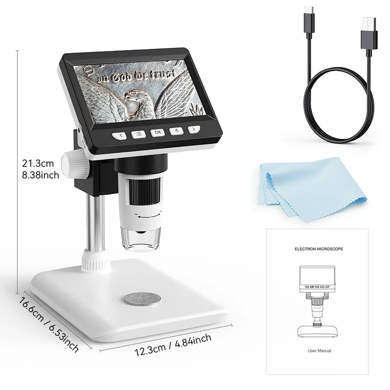 A portable digital microscope with a screen, mounting base, and accessories shown in various views.