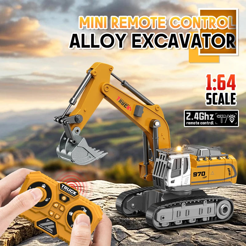 A hand operates a yellow mini remote control excavator model with a light and sound feature on a wooden surface.