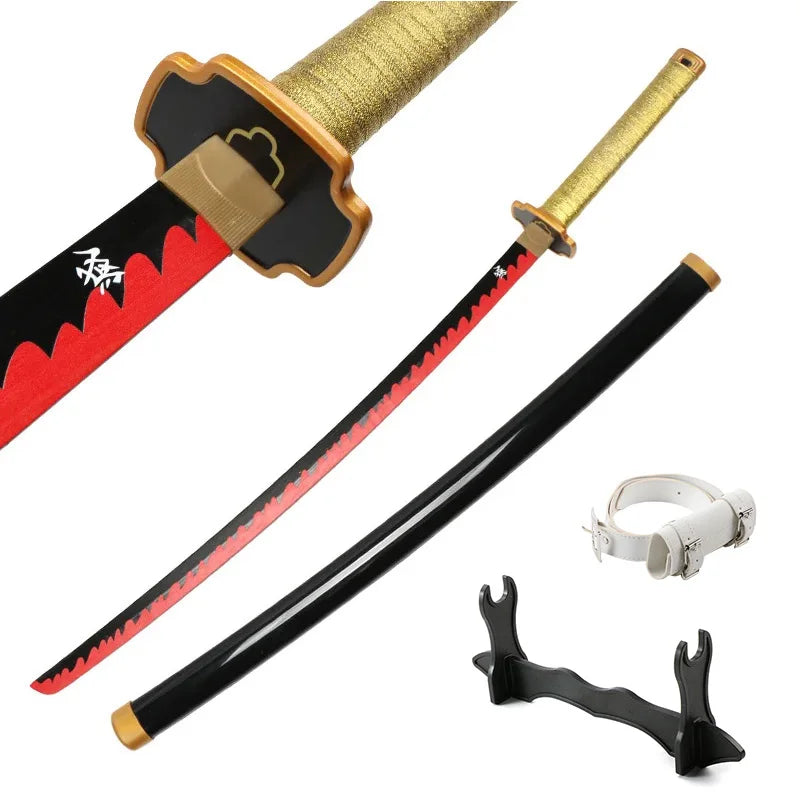 A detailed image of a Demon Slayer anime katana sword with a gold-colored handle and red blade, shown alongside a white guard