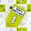 A yellow game box titled That's Not a Hat featuring line drawings and game components.
