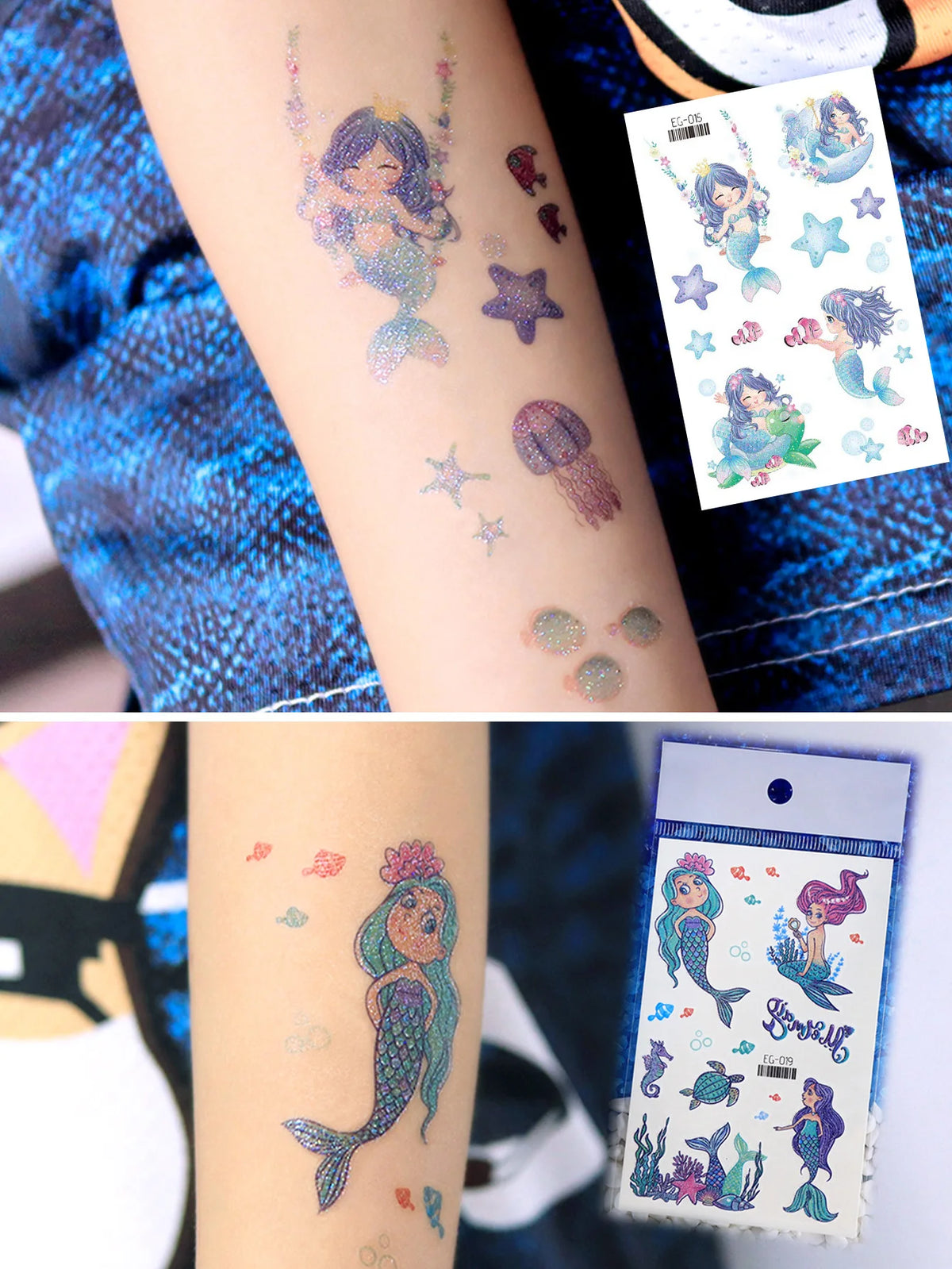 A close-up of a person's arm displaying colorful glitter mermaid temporary tattoos and a sheet of the product packaging.
