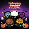 A set of Halloween mystery squishies including glitter pumpkin, eyeball, and skull stress relief balls.