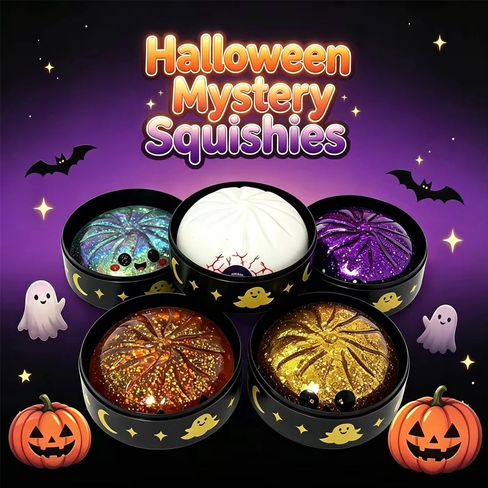 A set of Halloween mystery squishies including glitter pumpkin, eyeball, and skull stress relief balls.